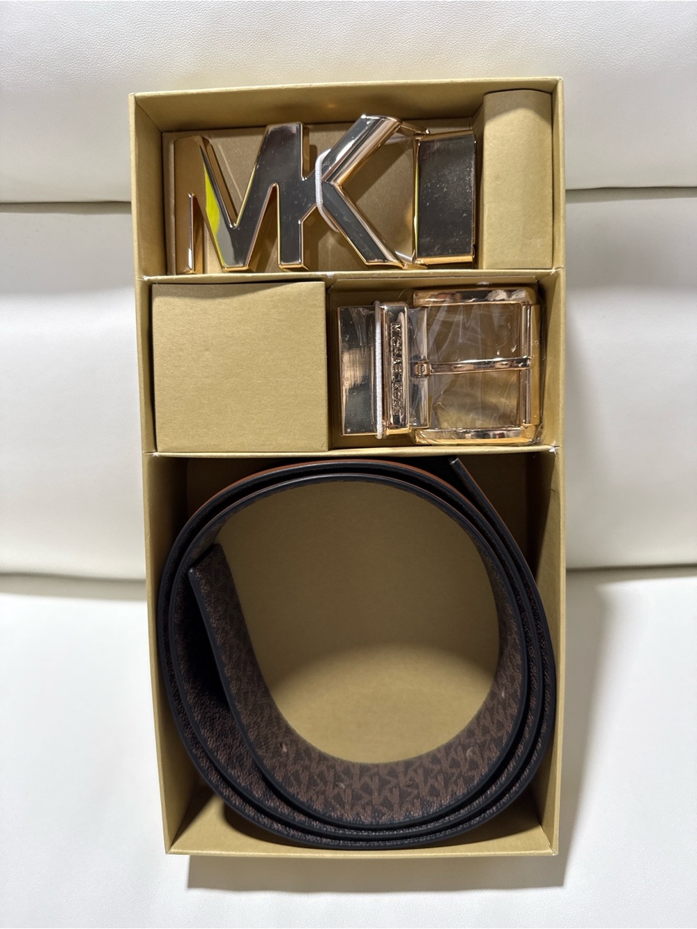 Michael Kors Brown Monogram Reversible Belt with Interchangeable Gold Buckles